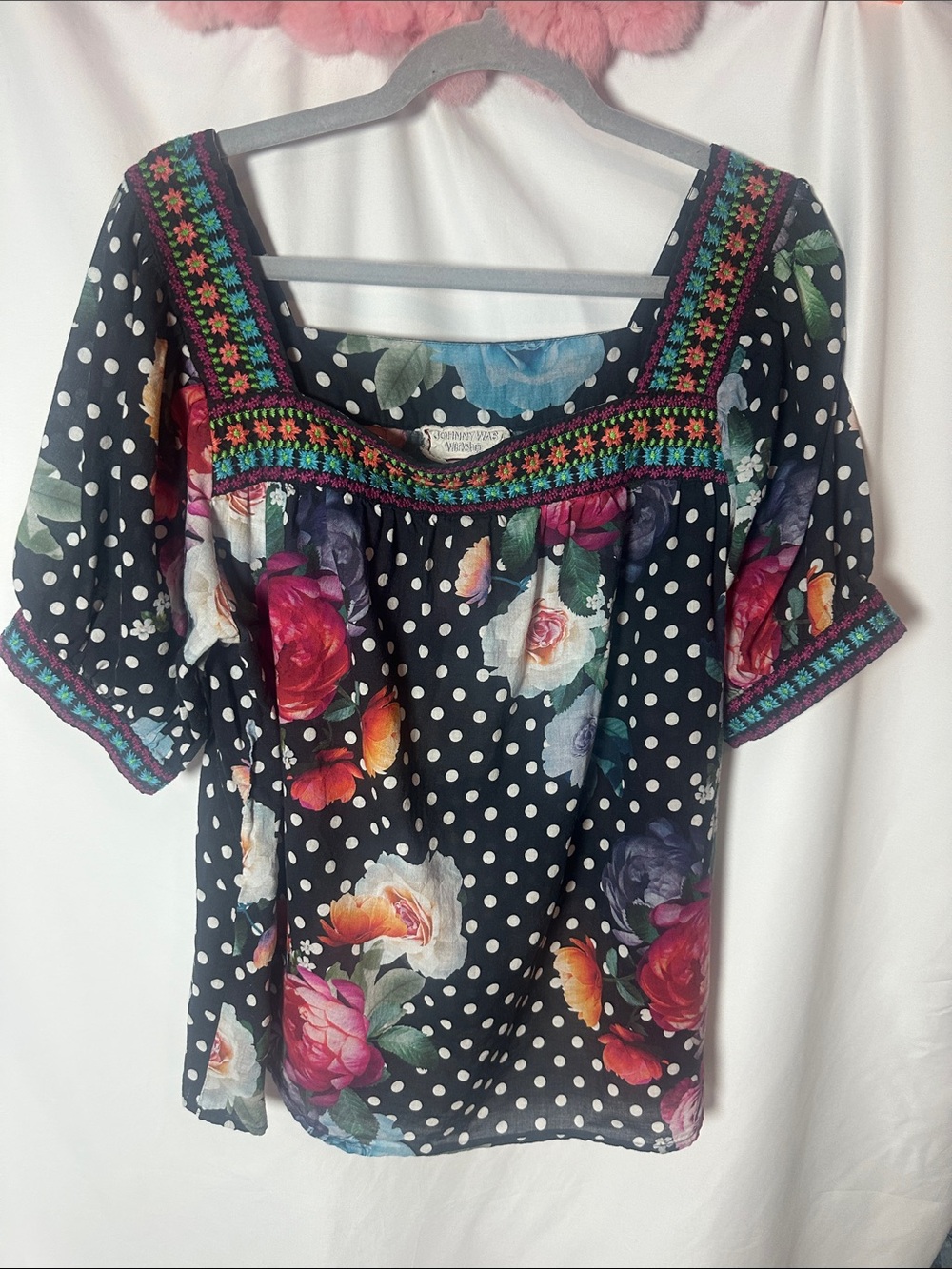 Johnny Was Black Floral Polkalona Dot Square-Neck Blouse